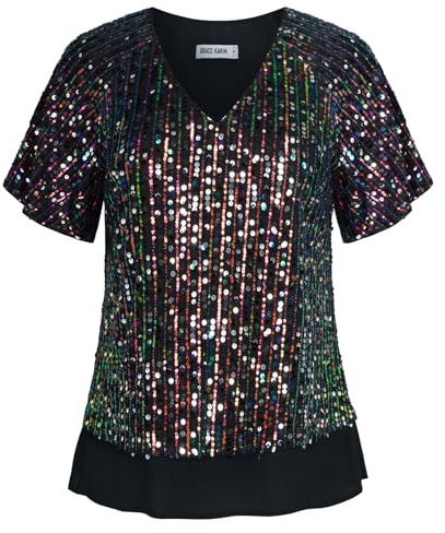 Fashion Alltag Kurzarm Glitzer Pailletten Oberteil Sexy Schmale Passform V-Auschnitt Glänzendes Tunika Top Buntes Schwarz XL