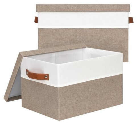 BinWhiz Pack of 2 Large Storage Boxes with Lids, Foldable Storage Boxes for Shelves, Fabric Storage Boxes With Leather Handle, Decorative Storage Box for Clothes, Books, 38x28x24 cm (White & Khakki)