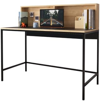 Bimossa, 110cm Wide Desk, Stylish Home Office Writing Desk with Raised Block Shelf and Note Board, Metal Legs, Perfect for Students and Professionals, Black, Olivia