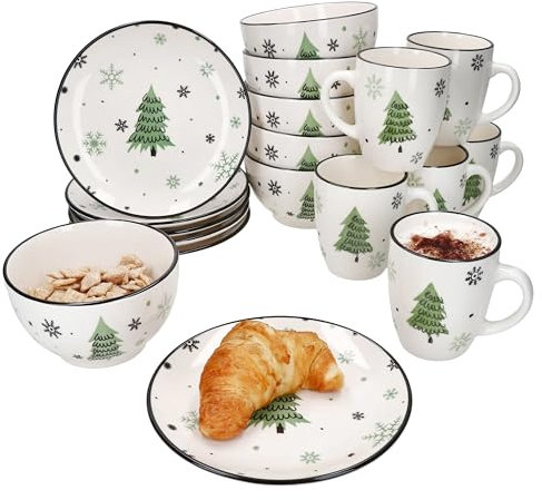 MamboCat Weihnachtsbaum 18tlg Frühstücksset I Je 6x kleine Frühstücksteller, Müslischale & Kaffeebecher für 6 Personen mit Tannenbaum & Schneeflocken I Weihnachten
