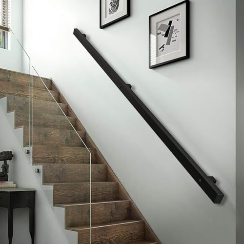 Hamankim Corrimano per Scale per Pareti, 1m 1.5m 2m 2.5m 3m Ringhiera per Scale in Tubo Quadrato in Ferro battuto in Metallo, Maniglione Moderno Antiscivolo per Gradini Interni Esterni, Nero(210cm)