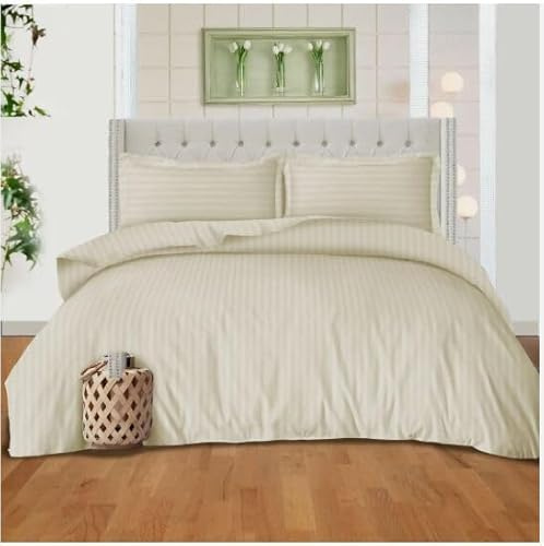 mia Stripe Duvet Cover Zip Closure With Pillow Case 100% P Cotton Duvet Bedding Set (Beige, Super King)