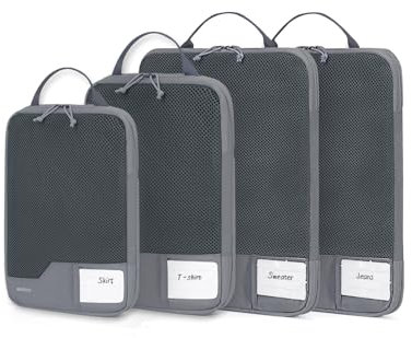 ECOHUB 4-Teilige Kompression Koffer Organizer, Packing Cubes mit Tag, Recycelten Packwürfel Set für Rucksack & Koffer, Maschenverstärkung Packtaschen für Koffer, Reise Organizer, Patent Anhängig(Grau)
