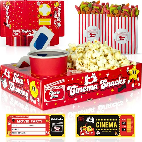 Moviejam Movie Night Snack Trays – Red Edition | 10 Durable Popcorn Boxes, 10 Candy Bags & Free Movie Ticket Invitations