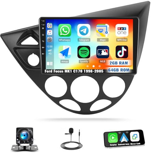 2G+64G CAMECHO Carplay Autorradio Android 13 para Ford Focus MK1 C170 1998-2005, Pantalla Táctil de 9 Pulgadas con Mirror Link GPS Navi WiFi Bluetooth FM/RDS EQ Cámara Trasera&Mic