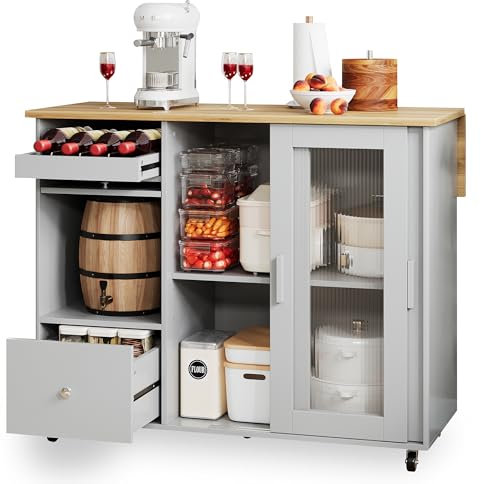 SogesHome Bartisch Kücheninsel Servierwagen mit Klappbar Arbeitsplatte aus Eichenholz, Schiebetüren aus gehärtetem Glas, verstellbare Einlegeböden, Handtuchhalter,122x46x91 cm Grau