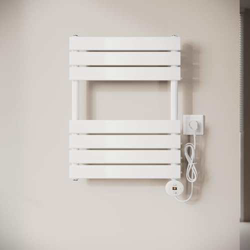 SONNI Radiateur électrique de salle de bain - 650 x 400 mm - Blanc - Avec chauffage intelligent - 400 W - Radiateur à serviettes plat - Radiateur à serviettes électrique avec élément chauffant