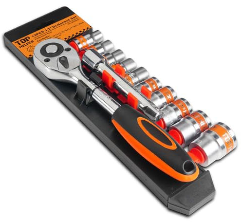 pgroup 12 PCS 1/2 Drive Metric Socket Wrench Set,1/2 Reversible Ratchet Handle,6 Point Shallow Sockets (10-24mm) and Extension Bar 5, CR-V Steel, Car Repair Set