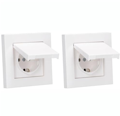 JUNG Serie A IP44 Klappdeckelset Alpinweiß 2er Set | mit 2x (A1520KLWW SCHUKO Steckdose m. Klappdeckel, 551WU Dichtungsflansch, A5581BFWW Rahmen 1-fach)