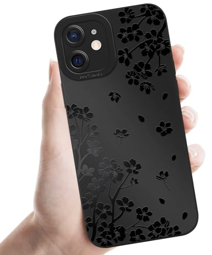 Coalbooliy Handyhülle für iPhone 12 hülle 6,1'', Aesthetic Kirschblüte Muster Design Schwarz Weiche TPU Silikon Stoßfest Kameraschutz Schutzhülle Bumper Ultra Dünn Mädchen Case, 06