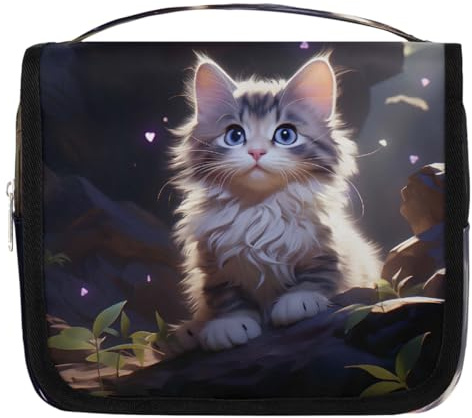 Mexpekil Trousse de toilette de voyage à suspendre pour femme - Motif chat mignon - Grande trousse de toilette portable pour maquillage - Pour filles et garçons