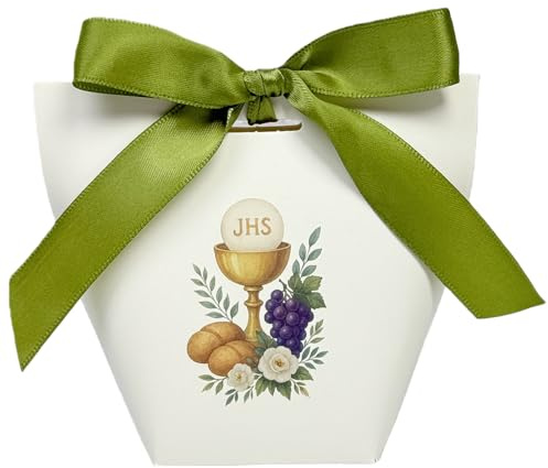 Festa Centro Scatoline Portaconfetti Prima Comunione, Verde Oliva, 50pz | Stampa Calice JHS Uva e Spighe, Con Nastro, Carta Regalo, Ideali per Cresima