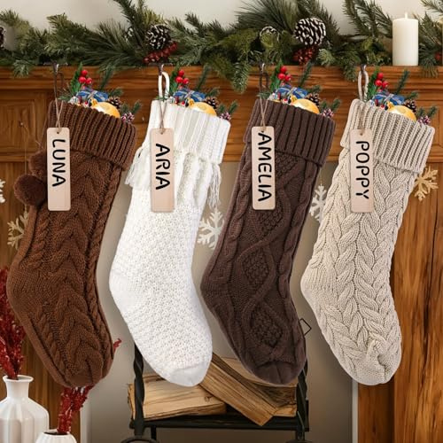 JOLCEEY 4pcs Christmas Stockings, 18 Inch Large Knit Christmas Stockings Personalized Xmas Hanging Stocking Decorations with Name Tags for Christmas Fireplace Tree Decorations