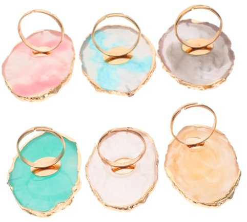 NOLITOY 6pcs Nail Art Ring Palettes Nail Mixing Tray Finger Ring Plate Resin Crystal Agate Gold Edge for Salon Manicure