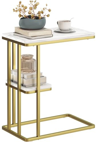 HOMCOM C-Shaped Narrow Side Table 50 x 30 x 57.5 cm White Marble Grain | 2-Tier Slim End Table with Storage Shelf, Modern Nightstand, for Small Spaces, Living Room, Bedroom