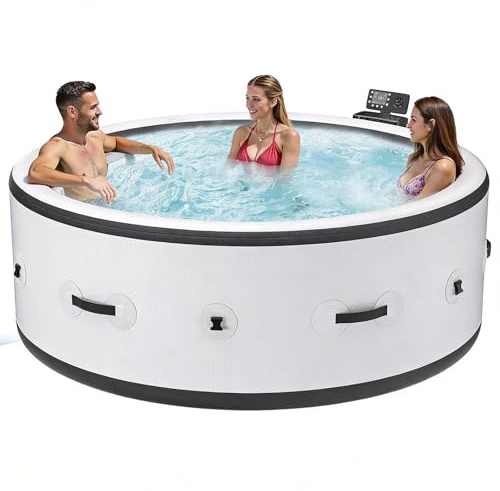 SHUMIAO Grande Vasca Idromassaggio Rotonda Portatile per 4-6 Persone, Spa da Esterno con 150 Getti d'Aria, Pompa di Riscaldamento E Copertura Isolante, 81 X 28, per Patio, Giardino E Spazi Aperti