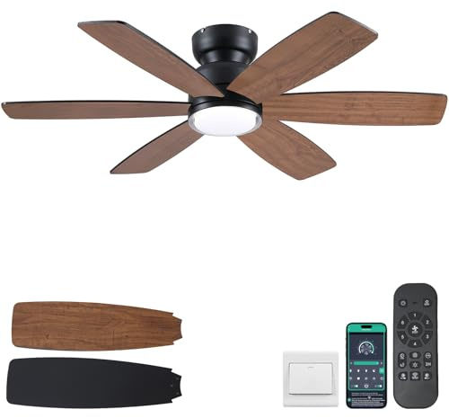 Kviflon 117 cm Landhaus-Deckenventilator mit Licht, Deckenmontage, Fernbedienung/APP-Steuerung, 6 umkehrbare Doppel-Seiten-Klingen, 3 CCT Dimmbar, für Wohnzimmer, Braun