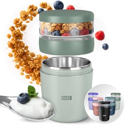 LEBENLANG Müsli To Go Becher mit Löffel - 650ml | Isolierende Edelstahlinnenwand I Müsli 2 Go Becher Porridge Becher To Go I Müslibecher to go 500ml & 150ml Müslibecher Groß