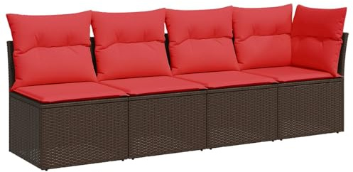Mhdvray 4-Sitzer Gartensofa PE-Rattan Lounge Eckbank mit roten Polstern 227 x 62 x 69 cm UV-beständig modulares Balkonmöbel für kleine Terrassen und Garten