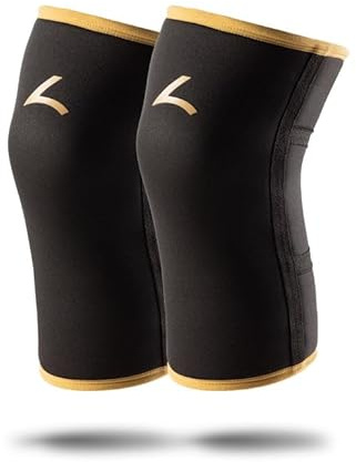 Reeva Rodilleras Powerlifting de 7 mm, talla L, doradas, potentes rodilleras para levantamiento de potencia, levantamiento de pesas y fitness