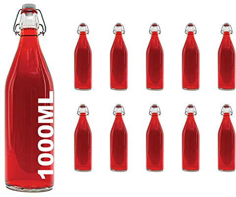 Bügelflasche Bügelverschlussflasche leere Glasflasche mit Bügelverschluss Weinflasche Schnapsflasche Essig Öl Glasflaschen von slkfactory- 10 x 1000ml, durchsichtig