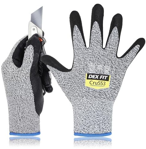 DEX FIT Gants de protection anti coupures Cru553 Niveau 5; confort 3D, prise ferme, mince et léger, compatible écrans tactiles, durable, respirant, lavable; Gris 9 (L) 1 Paire