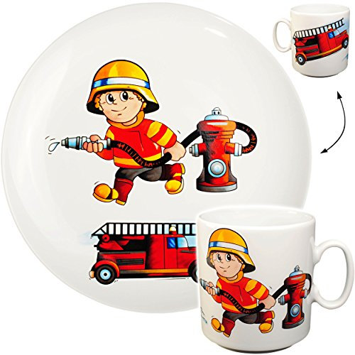 2 TLG. Set großer Teller/Kinderteller + Henkeltasse - Feuerwehr - Feuerwehrmann & Feuerwehrauto - aus Porzellan/Keramik - Tasse - Speiseteller/Frü..