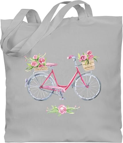 Shirtracer Baumwolltasche - Retro - Vintage Fahrrad Wasserfarbe Blumen - Unisize - Hellgrau - stoffbeutel bedruckt aesthetic einkaufstasche art kunst bike jutebeutel stofftasche fahrrd baumwolle