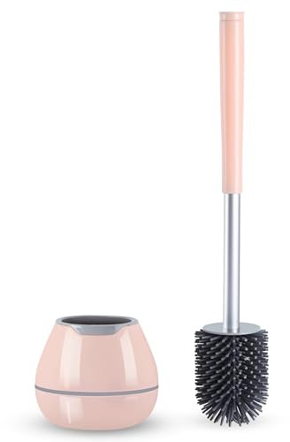 BOOMJOY Toilet Brush and Holder Set, Silicone Bristles Bathroom Cleaning Bowl Brush Kit with Tweezers - Pink