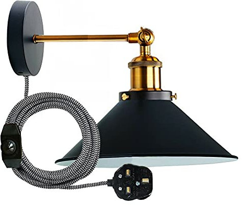 LEDSone Retro Industrial Wall Light Plug in Wall Lamp Metal Cone Shape Shade Indoor Light Fitting with Dimmer Switch for Bedroom Hallway Restaurants (Black, Without Bulb)