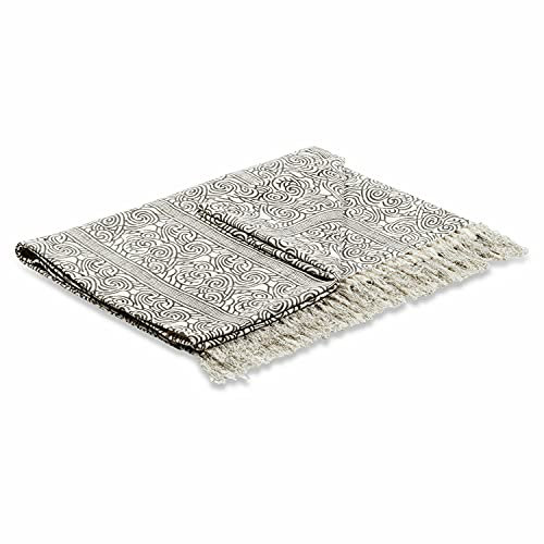 Loberon Plaid Ensis, Elegantes Ornamenten-Muster, zeitlos edle Farbgebung, dekorative Fransen, Wohntextilien, Wohndecke, Tagesdecke, Baumwolle, schwarz/weiß