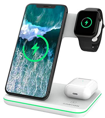 CANYON 3 in 1 Wireless Charger Compatible with iPhone, Watch, Airpods, Samsung, Fast Charging Station for Qi Devices, Inductive Charging Station QC 21W (White - With Wireless Airpods Charging)