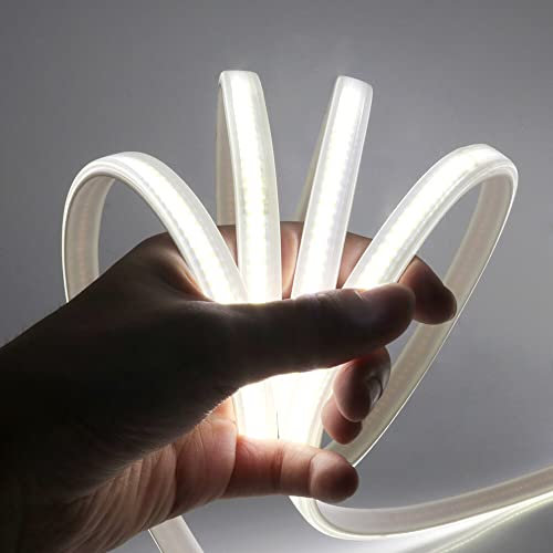 HEGEHE Flexible Tira de LED COB 220V con Interruptor ON/OFF Alimentación, 288 LED/m Luz de Cuerda de Alto Brillo, Cada Corte de 50cm, IP65 Impermeable (1m, Blanco Frio)