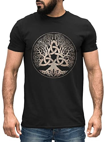 Neverless® Herren T-Shirt Yggdrasil Weltenbaum nordische Mythologie Asgard Götter Wikinger Kelten Germanen schwarz-Gold L