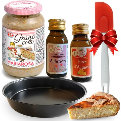 Grano Cotto Per Pastiera Napoletana 580gr + Aroma Millefiori 60cc + Aroma Fior D'Arancio 60cc + Pennello/Spatola Silicone + Teglia Forno Tonda - Pasqua 2025