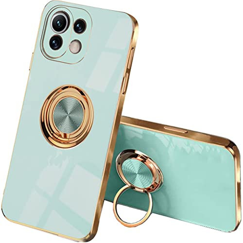 UPLAI Stilvoll Hülle für Xiaomi 11 Lite 5G NE/Xiaomi Mi 11 Lite, Slim Stoßfest Galvanik-Design Handyhülle Case mit Ringhalter, Sanft TPU Silikon Bumper Schutzhülle Cover.Hellgrün