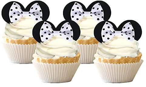 Xsstarmi 24 Pcs Bowknot Minnie Mouse Cupcake Toppers Bow Dots Cupcake Toppers for Children's Birthday Baby Shower Party Bow Dots Cake Decorations Supplies White