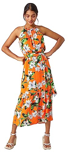 Roman Women Halterneck Midi Dress - Ladies Halter Neckline Maxi Spring Everyday Summer Holiday Sleeveless Soft Tie Waist Detail Keyhole Neck Gown Vacation Frocks - Orange Green - Size 20
