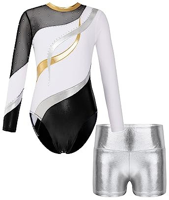 YOOJIA Mädchen Turnanzug Turnshorts Haarband Set Kinder Gymnastik Langarm Gymnastikanzug Tanzen Kleidung 5-14 Jahre Weißsilber 134-140