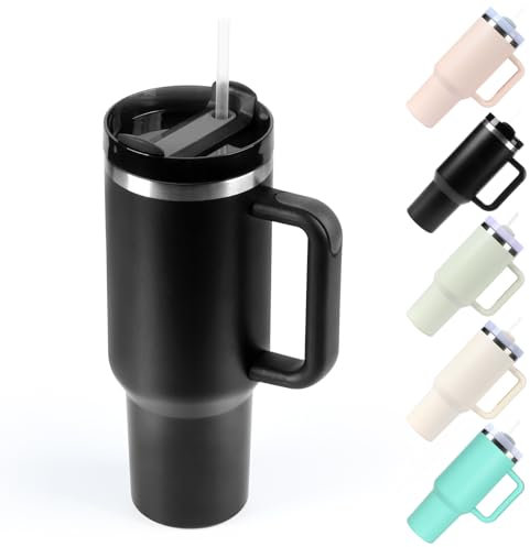 XSUPER 40oz Tumbler with Handle and Straw Lid, Stainless Steel Vacuum Insulated Travel Mug Water Bottle Cup for Water, Iced Tea or Coffee, Smoothie and More (Black)