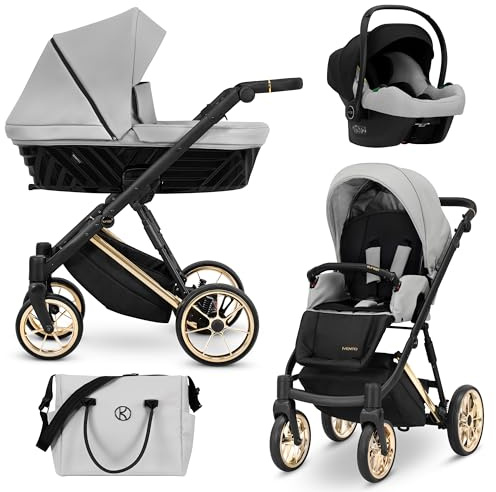 Kunert® IVENTO 3 in 1 Kinderwagen Kombikinderwagen komplettset I incl. Babywanne & Buggy Sportsitz & Auto-Babyschale mit Wickeltasche/Regenschutz +Fußsack I IVE 06 DOVE GREY/GOLD FRAME
