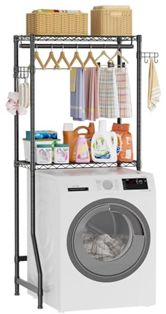 Golpart Over Washer and Dryer Shelves,2 Tier Adjustable Height Wire Shelving Laundry Room Storage Organization Clothes Drying Rack with Hanger Rod&Hooks,Space Saving Organizers Shelf,Black