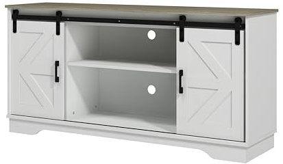 Panana Coffee Bar Storage Cabinet with Barn 2 Sliding Doors Buffet Farmhouse Cabinet Living Room TV Stand (White Cabinet Natural Top)