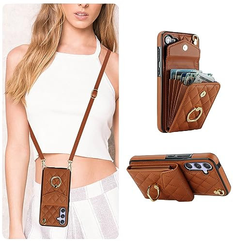 QLTYPRI Handyhülle für Samsung Galaxy A55 5G Hülle mit Band, Mikrofaser Leder Handykette Case mit Kartenfach Ringständer RFID Schutzhülle Lederhülle Tasche Etui für Samsung Galaxy A55 5G - Braun