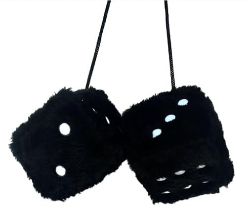 2PCS Car Mirror Hanging Plush Dice, 7.5 * 7.5CM Fluffy Dice Hanging for Car Interior Decoration, Car Accessories Rear View Mirror Hangers (Black)