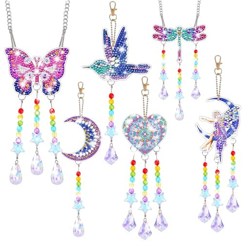 POFIBO Diamond Painting Sonnenfänger Windspiel Bastelset, 6 Stück 5D DIY Diamond Painting Windspiel Sonnenfänger Anhänger, Kreatives Basteln Set für Kinder Mädchen Geschenke ab 6 Jahren