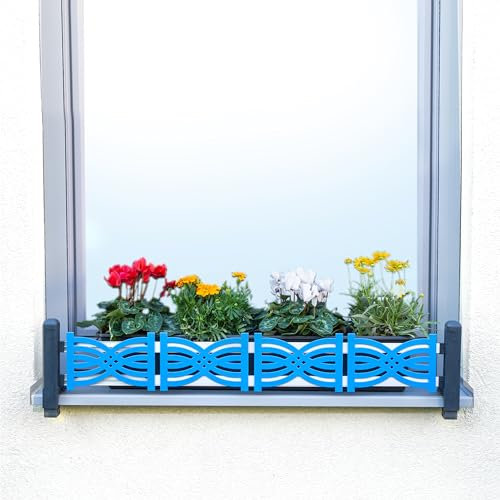 GREEN CREATIONS Masu Set base antracite, supporto per fioriera senza foratura, protezione anticaduta, davanzale regolabile, 78-140 cm (elementi decorativi: Waves, Sky Blue)