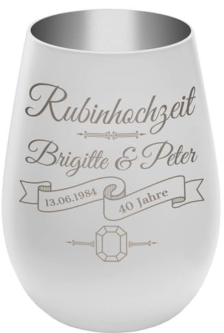 Windlicht mit Gravur ''40 Jahre Rubinhochzeit'' - Weiß/Silber - Glas Teelichthalter personalisierbar mit Wunschtext - Geschenk zu Hochzeit Jahrestag Jubiläum