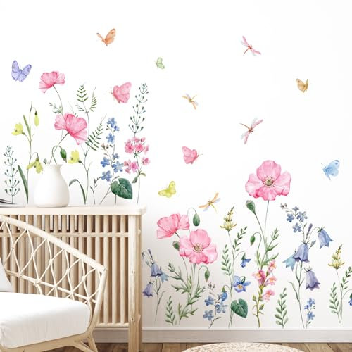 Watercolor Wildflower Wall Stickers Colorful Garden Flower Grass Butterflies Wall Decals for Girls Bedroom Living Room Home Office Wall Decor