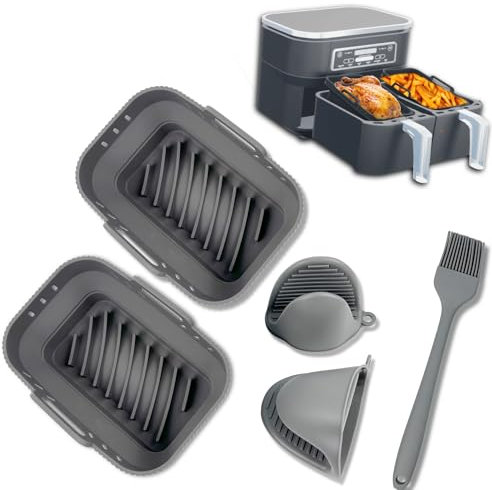 Silicone Ninja Air Fryer Foldable Liners Set (2 Liners, 2 Gloves, 1 Brush) | Reusable BPA Free FDA Complaint Ninja Air Fryer Accessories | Airfryer Liners for AF300 - Grey (5Pc Set)